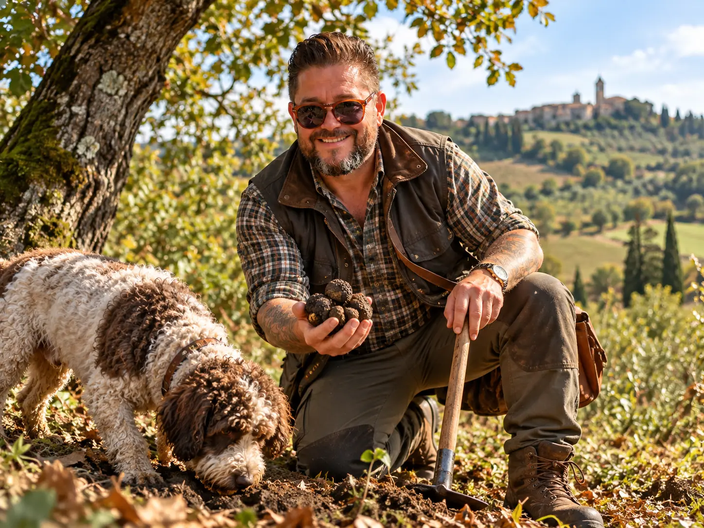 Gregory (Bali) Balazs mit frisch gefundenen Herbsttrüffeln Tuber Uncinatum und Trüffelhund in den Marken, Herbst 2024