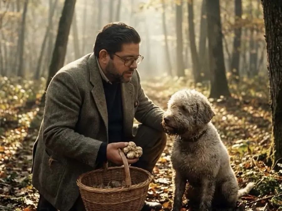 Gregory (Bali) Balazs, Inhaber von Biagetti Tartufi, mit Trüffelhund und weissen Trüffeln im Herbstwald