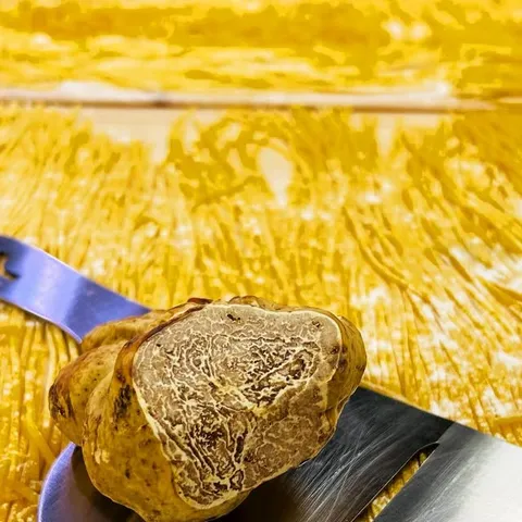 Weisser Trüffel auf dem Hobel über frischer Pasta, Beitrag auf Instagram