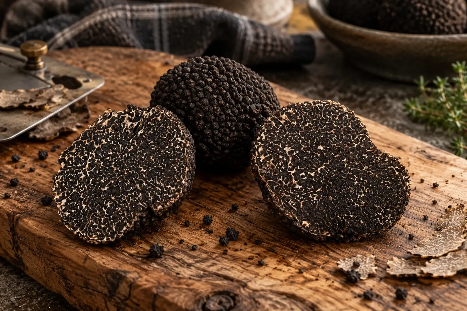 Frischer schwarzer Trüffel Nero Pregiato, Tuber Melanosporum Vittadini, angeschnitten auf einem Holzbrett