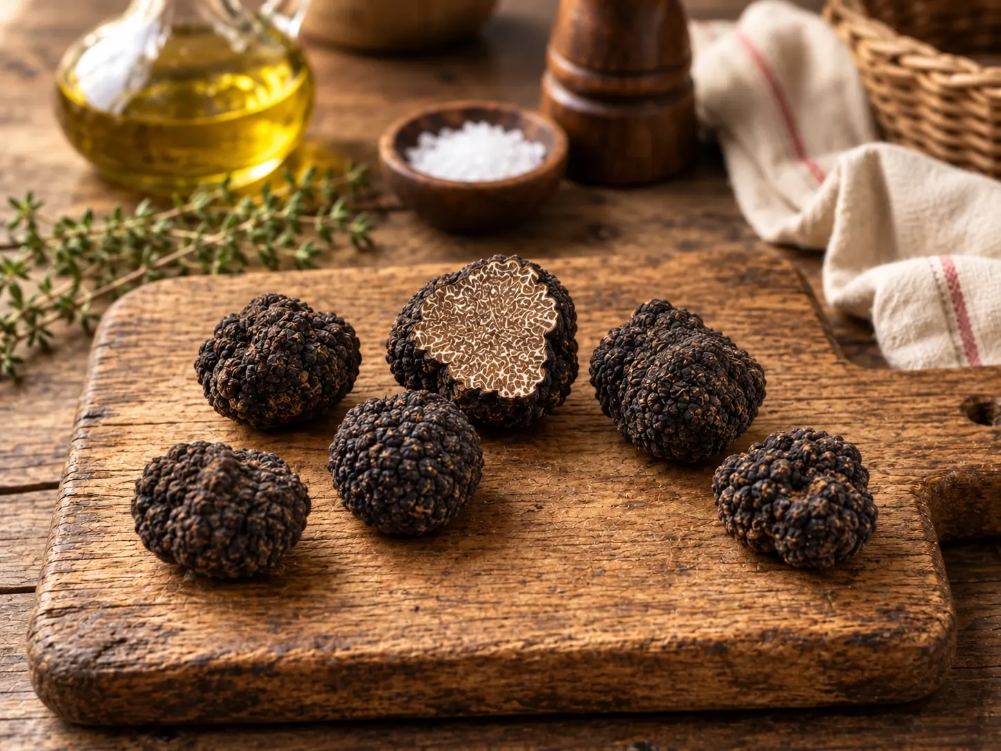 Frischer Sommertrüffel Tuber Aestivum, ganz und angeschnitten, auf einem Holzbrett
