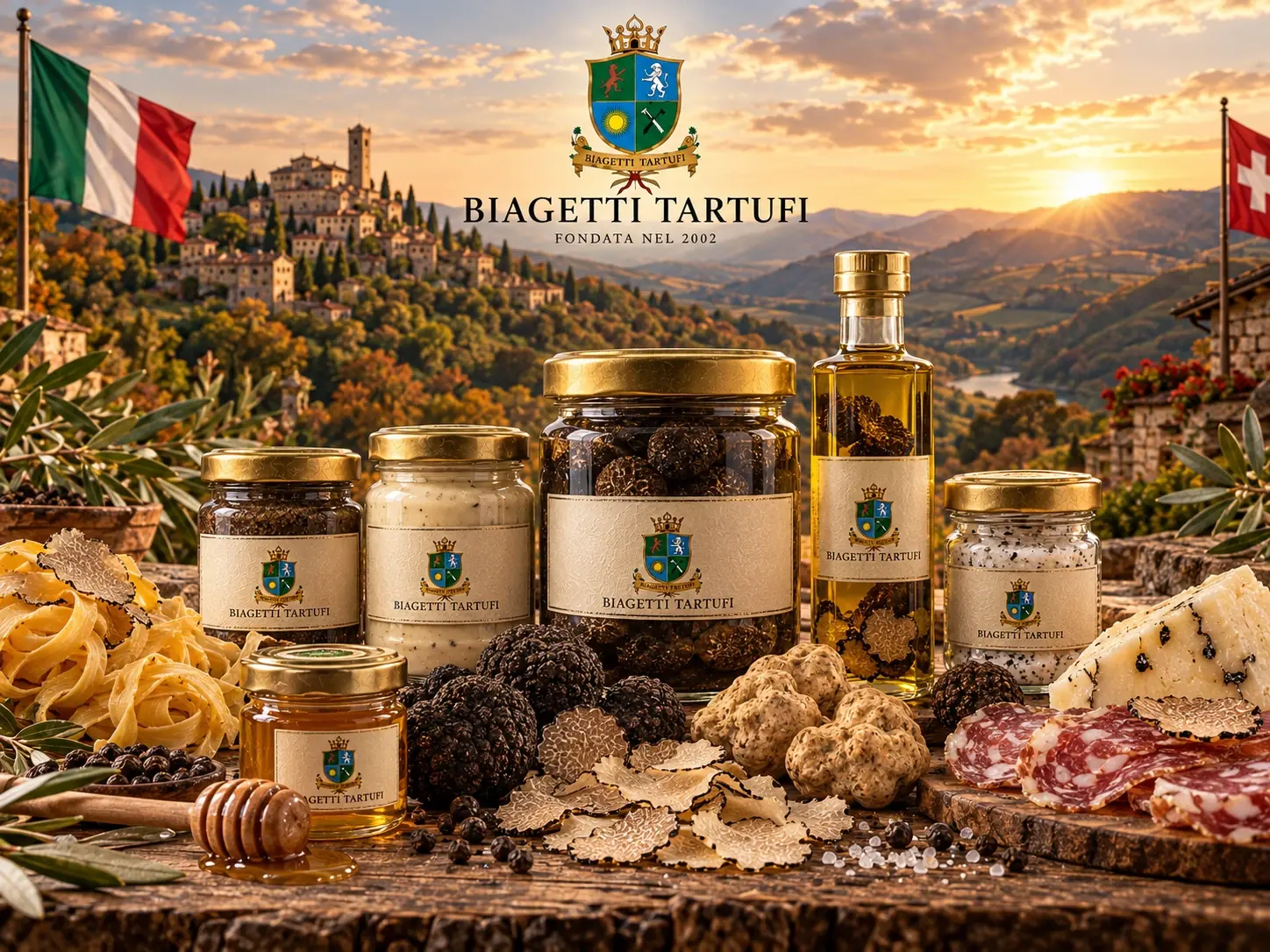 Trüffel-Feinkost aus Acqualagna: ganze Trüffel im Glas, Trüffelcreme, Trüffelöl, Trüffelsalz, Trüffelhonig, Pasta, Salami und Käse mit Trüffel