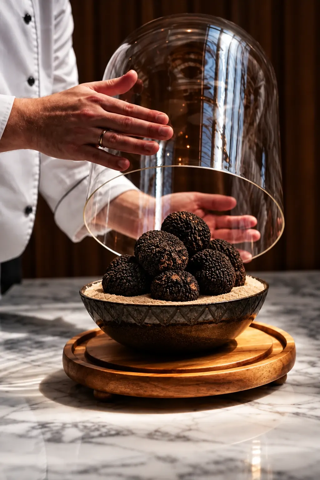 Schwarze Trüffel Nero Pregiato unter der Glasglocke, präsentiert von einem Küchenchef
