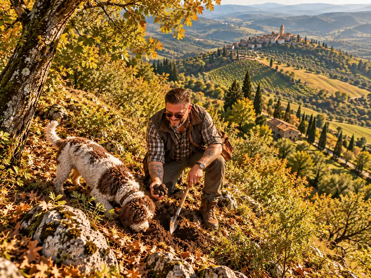 Trüffelhund zeigt die Fundstelle, Gregory (Bali) Balazs gräbt mit dem Vanghetto, Marken im Herbst 2024